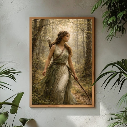 Mythology-inspired art print of a huntress with bow in a forest, wall decor