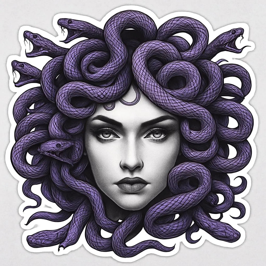 Medusa illustration with purple snake hair, fantasy mythology art sticker