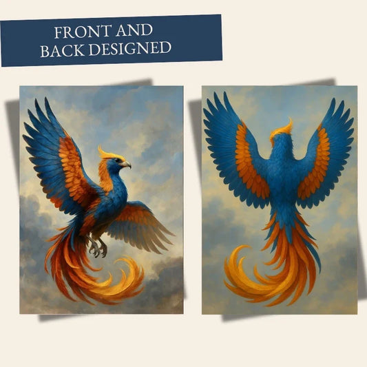 Mythical phoenix art print with vibrant blue, orange, and yellow wings, front and back view