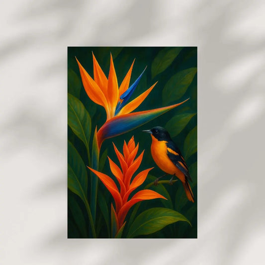 Illustration of a bright orange oriole perched beside a vivid Bird of Paradise flower and pink ginger blossoms