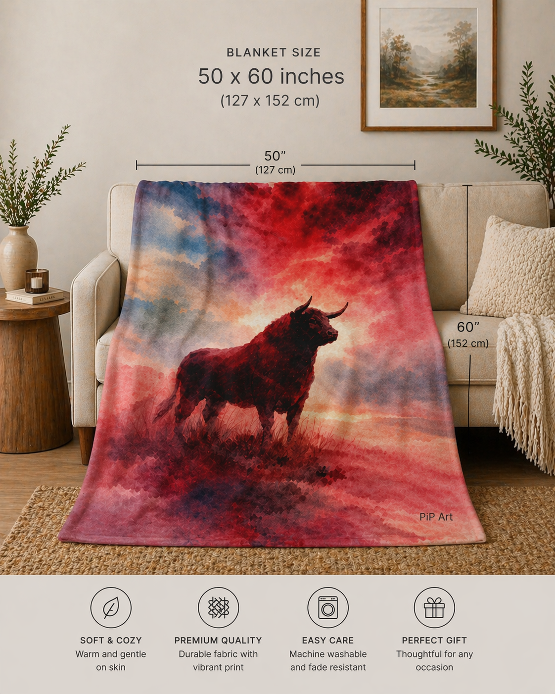 Bull art blanket featuring a red sunset watercolor design draped over a neutral sofa in a cozy modern living room setting