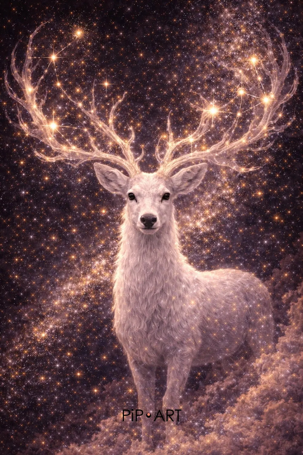 White stag with glowing constellation antlers surrounded by stars and cosmic sky, mythology inspired celestial animal artwork