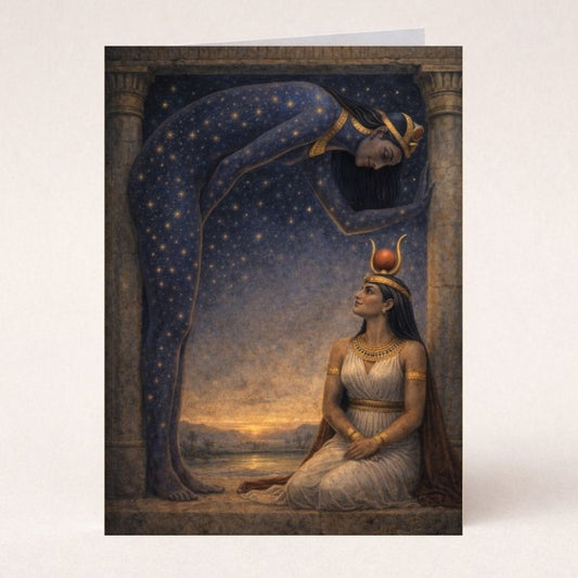 Egyptian mythology illustration of the sky goddess Nut arching over Hathor beneath temple columns under a star-filled sky.