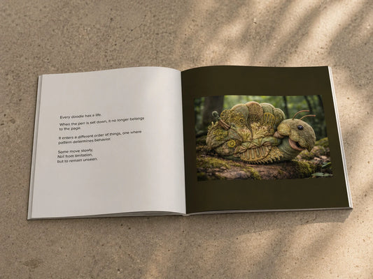 Open fantasy art book showing interior pages with poetic text and detailed mythical creature illustration in a forest setting