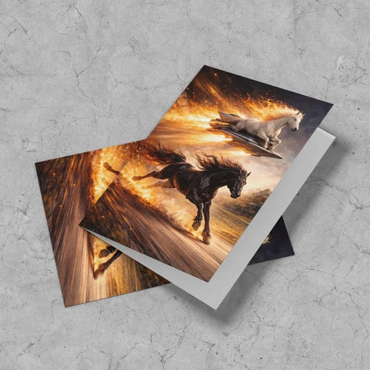Fire horse Chinese New Year greeting card with white and black horses surrounded by flames