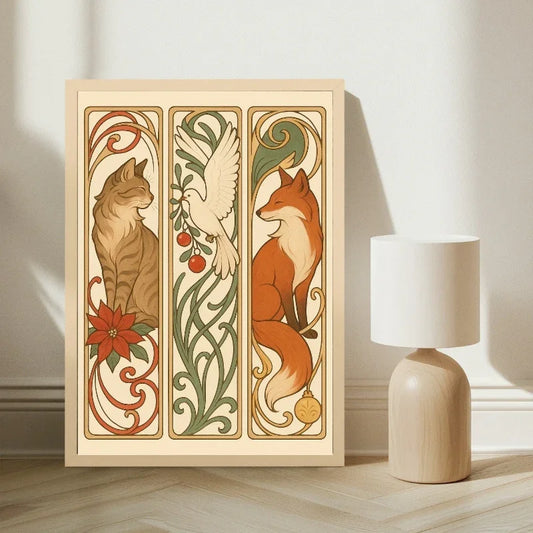 Festive art print with a cat, dove, and fox in botanical, art nouveau style