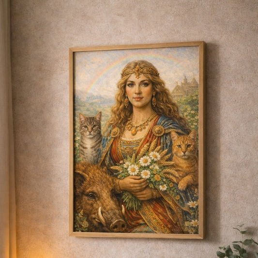 Mythology art print of a woman with cats, boar, and flowers under a rainbow on wall