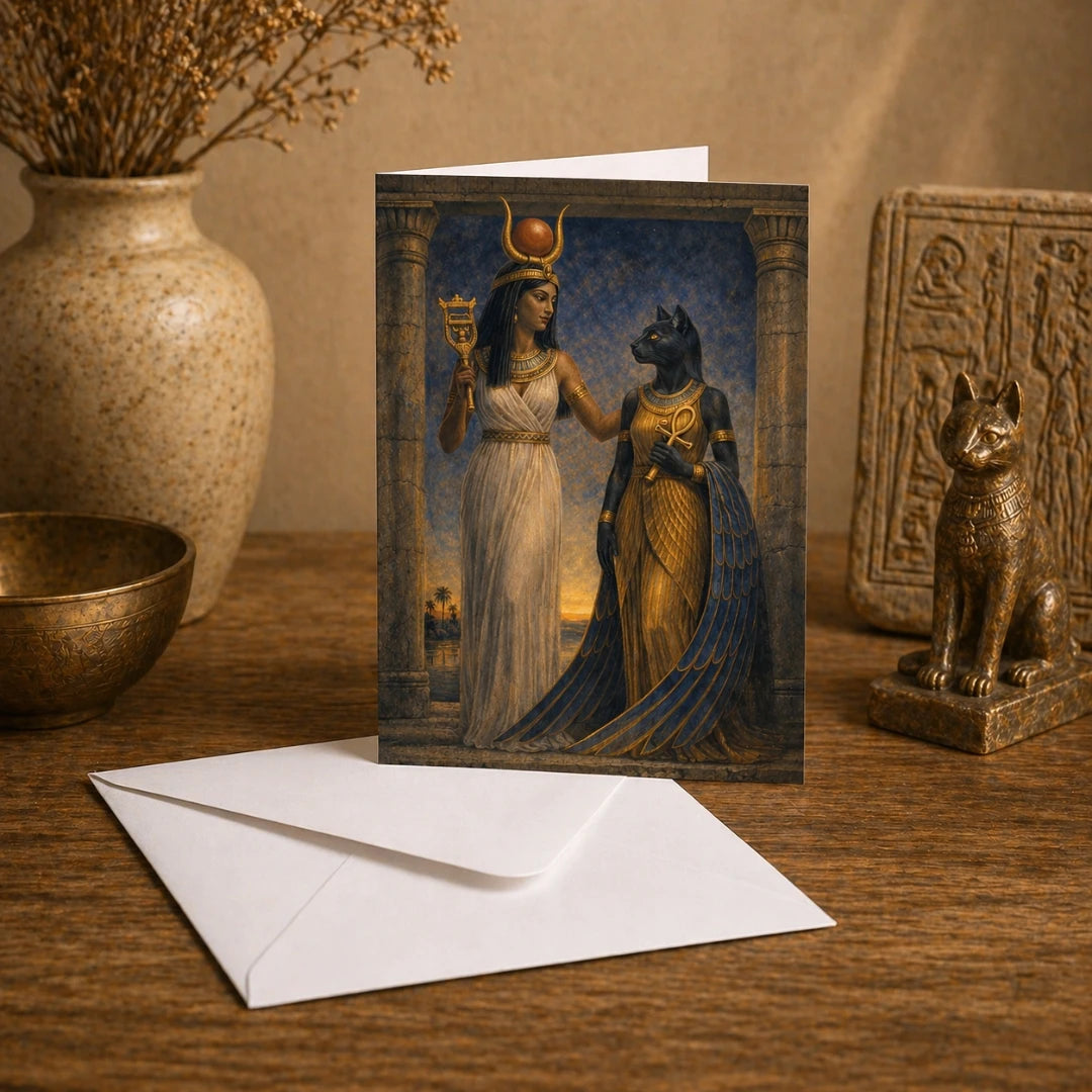 Hathor and Bastet Egyptian goddesses standing together in ancient temple setting, detailed mythology-inspired artwork with gold tones and symbolic elements