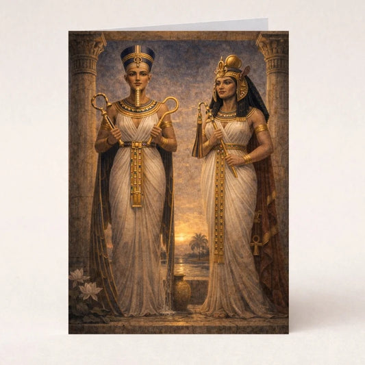 Hatshepsut and Twosret Egyptian queens standing with royal staffs in ancient temple setting, detailed mythology-inspired artwork with gold and neutral tones