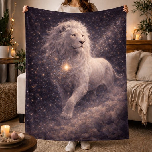 White lion blanket featuring celestial lion artwork against a starry galaxy sky, displayed draped open in a cozy interior setting.