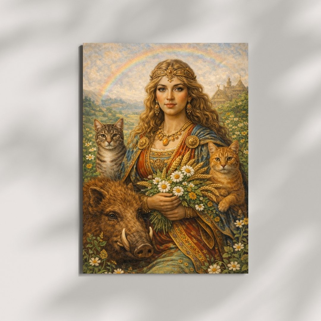 Mythology-inspired wall art of a woman with cats, a wild boar, flowers, and a rainbow