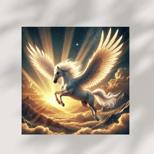 A powerful and inspirational image of Pegasus, the mythical winged horse, soaring through the clouds during a radiant sunrise.