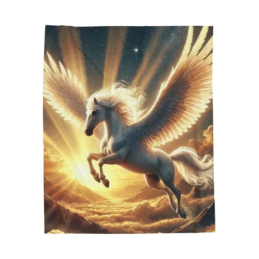 Mythical Pegasus flying over sunlit clouds and mountains, fantasy winged horse blanket