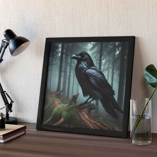 A black raven perched on a moss-covered log in a misty forest. The bird has a blue beak and is surrounded by tall, dark trees