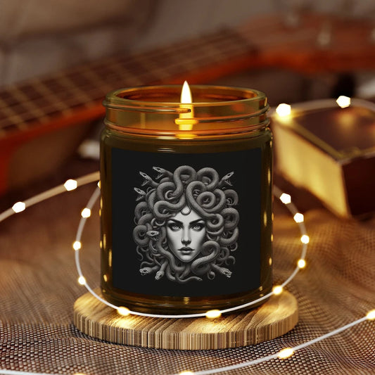 Medusa scented candle with reusable glass vessel, mythology-inspired home decor