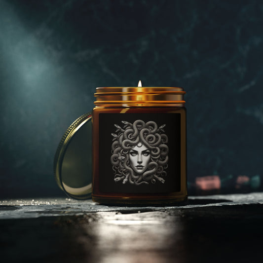 Medusa scented candle with reusable glass vessel, mythology-inspired home decor
