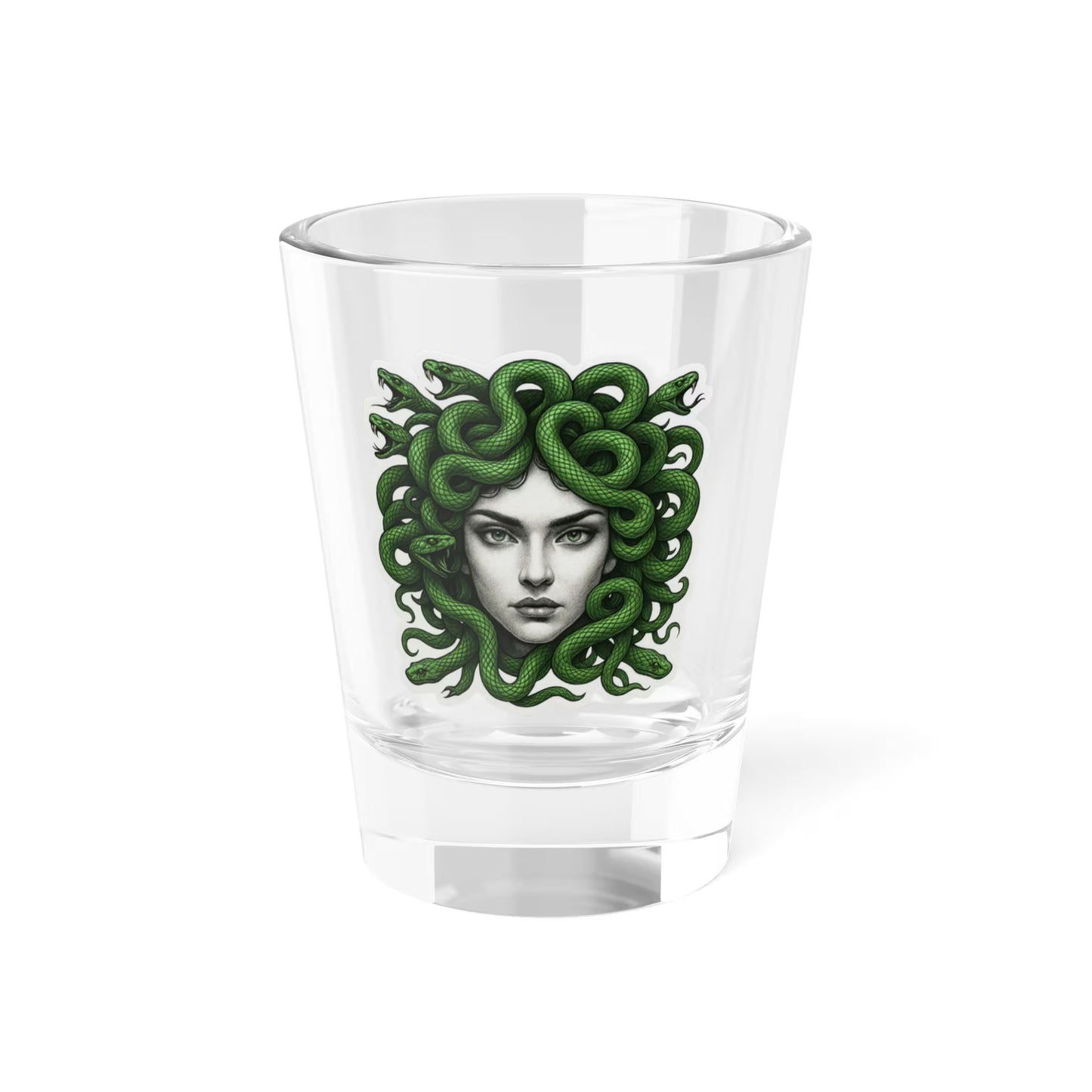 Medusa shot glass with Greek mythology snake-haired goddess design in five colors: red, green, purple, blue, black.