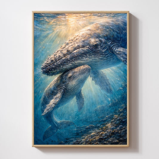 Framed art print of mother and baby whale swimming underwater with sunlight streaming in