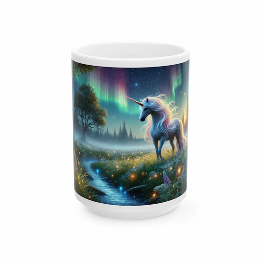 White mug with mystical unicorn, enchanted forest, and northern lights fantasy art design
