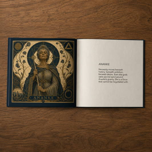 Symbolic portrait of Ananke inspired by Greek mythology with celestial ornament and Art Nouveau design
