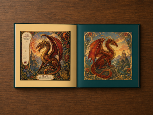 Open book with dragon illustrations on a wooden surface