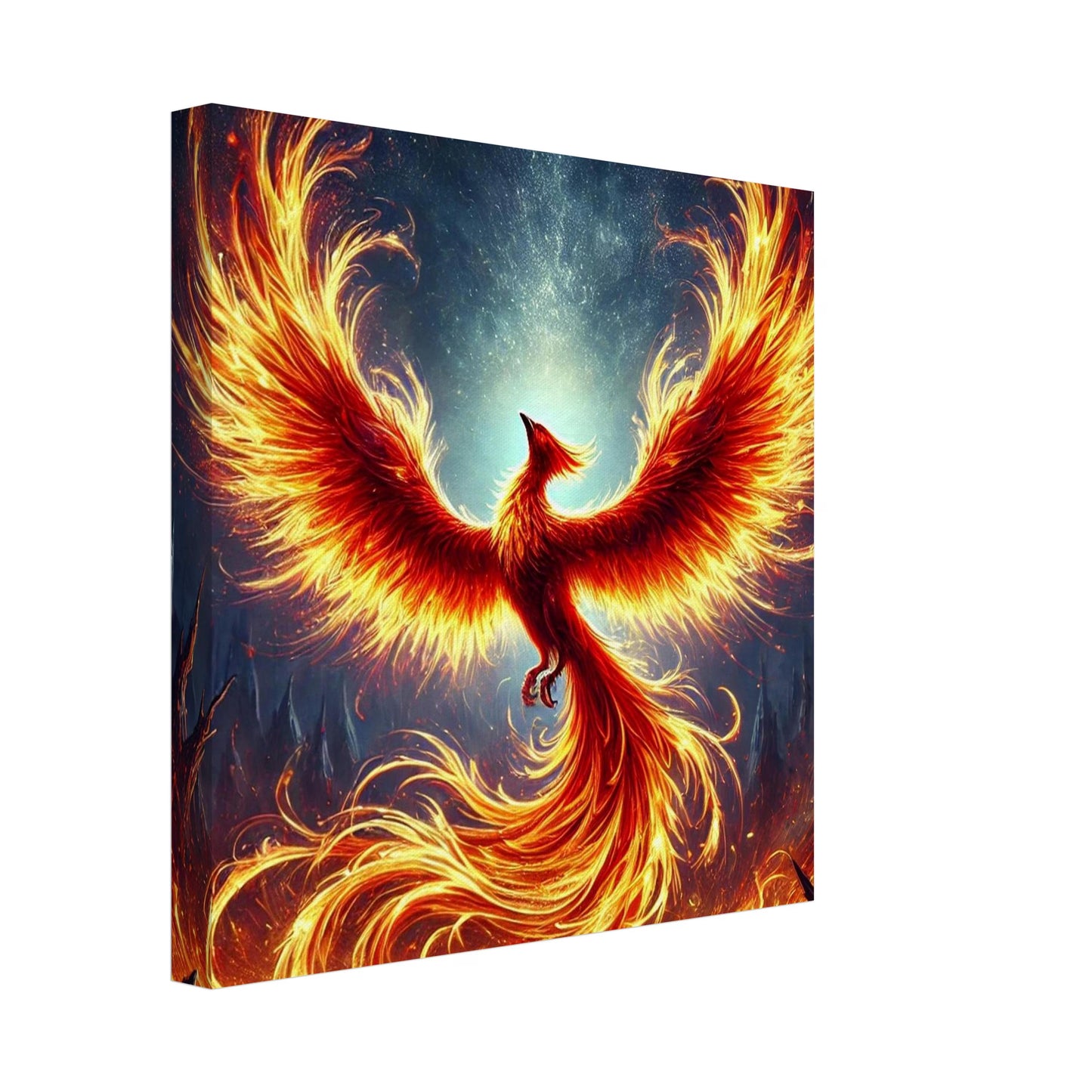 A fiery orange and yellow phoenix bird art print with outstretched wings against a dark blue background with white stars.