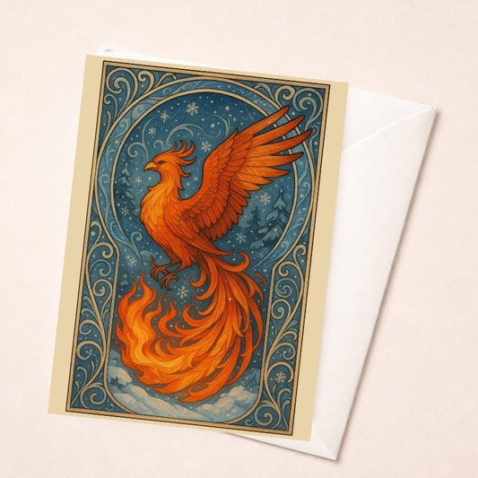 Phoenix illustration greeting card featuring a fiery orange phoenix in an art nouveau frame against a blue winter background