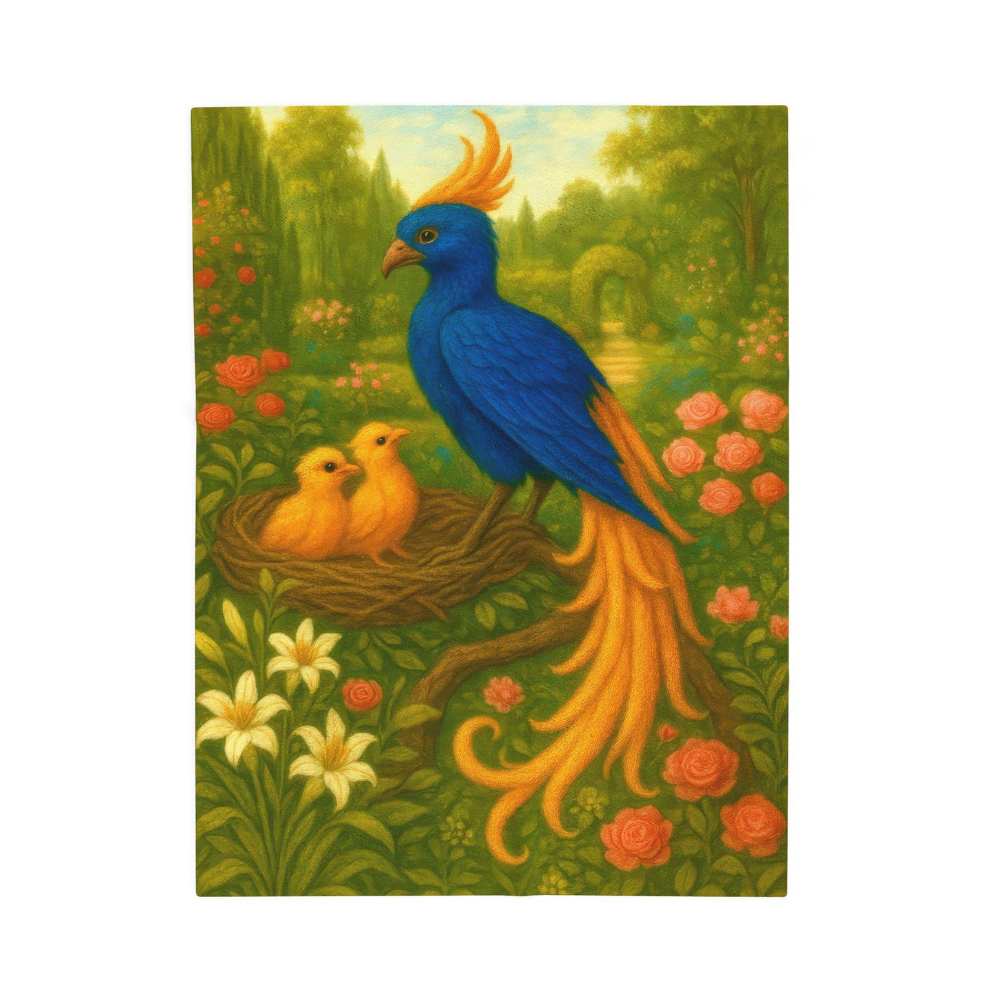 Plush velveteen blanket featuring a colorful phoenix with flowing orange and blue feathers,