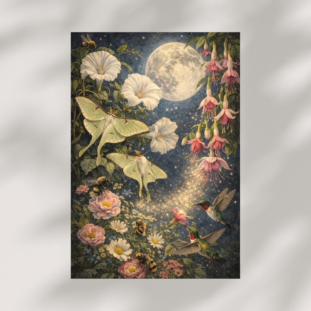 Moonlit pollinators art print with moths, hummingbirds, bees, and flowers under a full moon