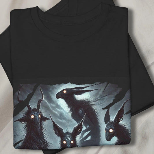 Black t-shirt with eerie fantasy creatures and glowing eyes, inspired by mythology and folklore