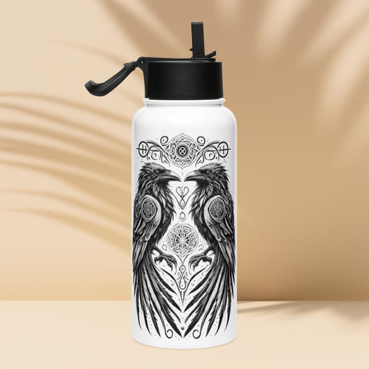 Stainless steel gothic water bottle featuring a detailed raven perched on an ornate skull, with intricate black and white art