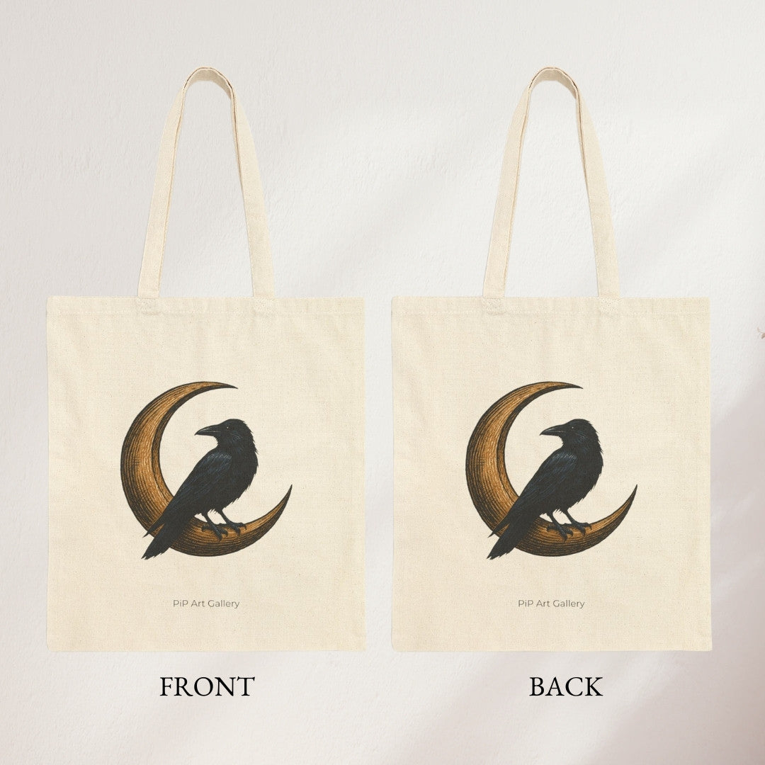 Tote bag with black raven perched on gold crescent moon, mythology inspired design