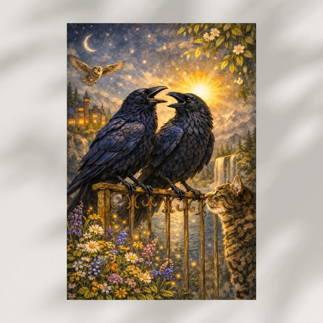Fantasy art print of two ravens on a fence, cat, flowers, castle, owl, and waterfall at sunset.