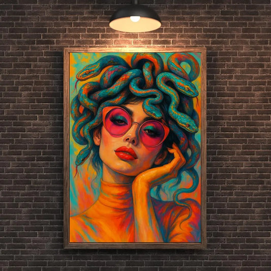 Retro-style Medusa portrait art print featuring a modern woman with snakes in her hair and wearing pink sunglasses