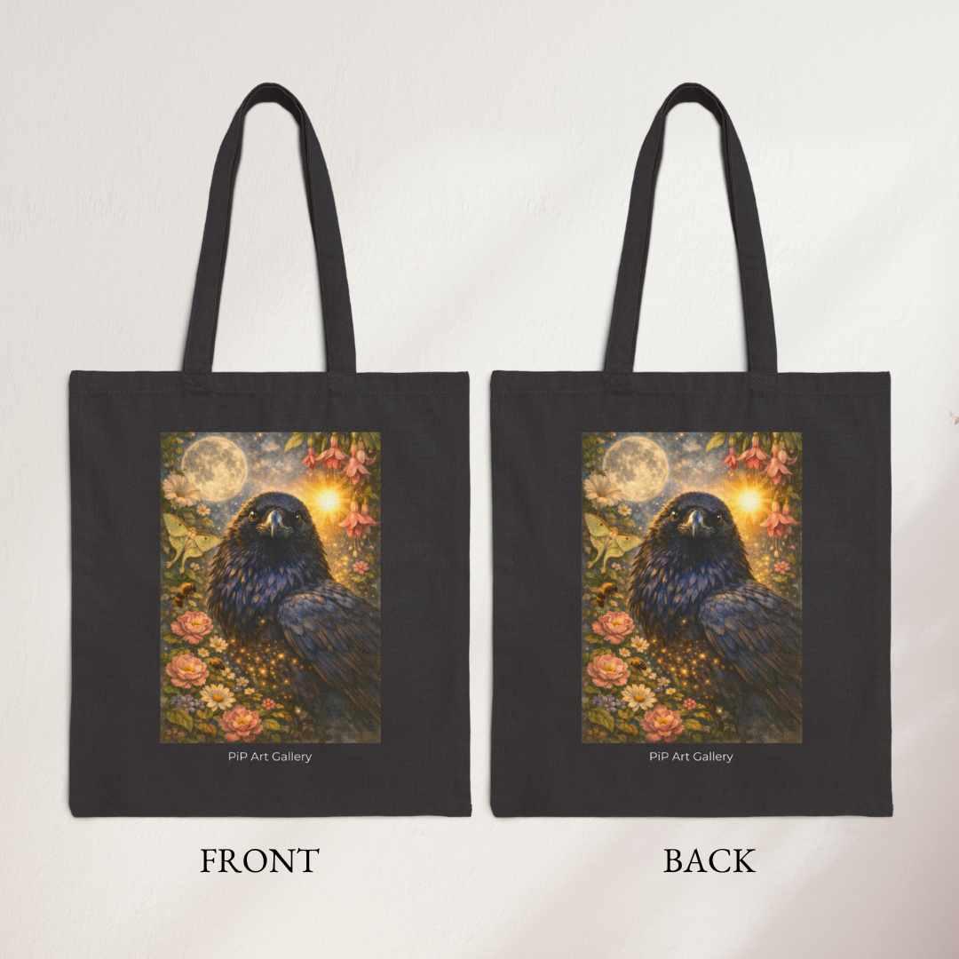 Black tote bag with mystical raven, moon, flowers, and glowing sun artwork on both sides