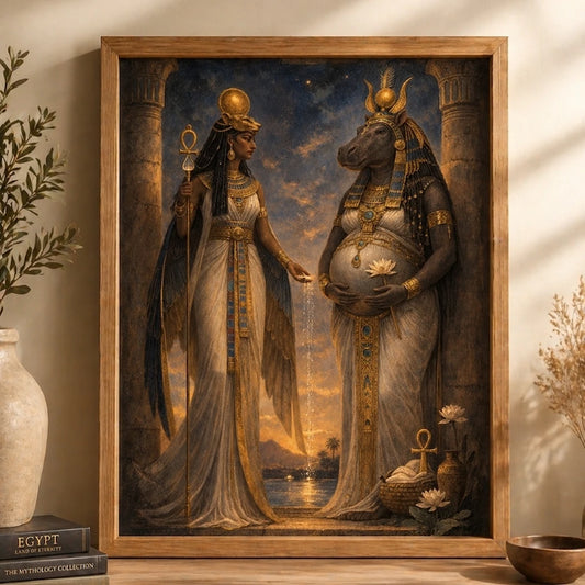 Tefnut and Taweret Egyptian goddesses standing together, symbolizing fertility, motherhood, and creation in ancient mythology