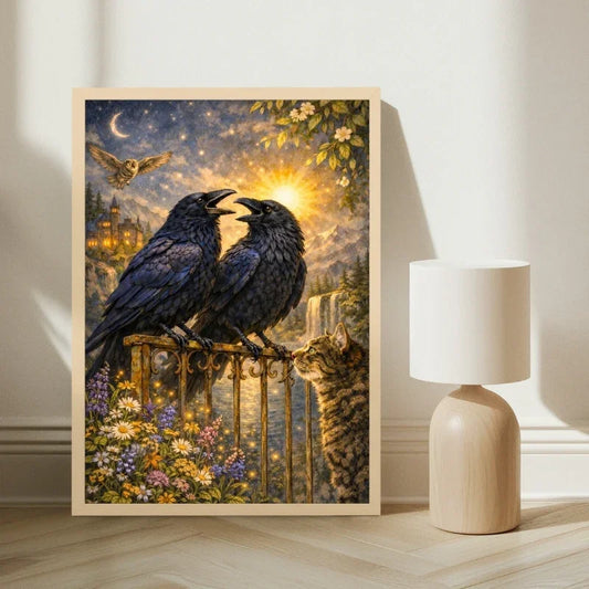 Mythical art print with two ravens, cat, flowers, sunset, owl, castle, and waterfall