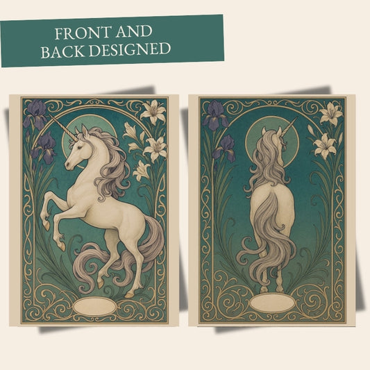 Unicorn Art Nouveau greeting card in soft pastel hues, featuring a mythic unicorn surrounded by floral designs.