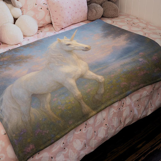 Soft velveteen blanket featuring an enchanted unicorn for kids’ bedrooms.
