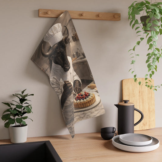 Tea towel with fantasy art of a wildebeest chef decorating a fruit tart, hanging in kitchen.