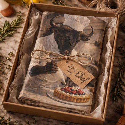Tea towel with wildebeest chef baking dessert, gift boxed with 'For the Chef' tag