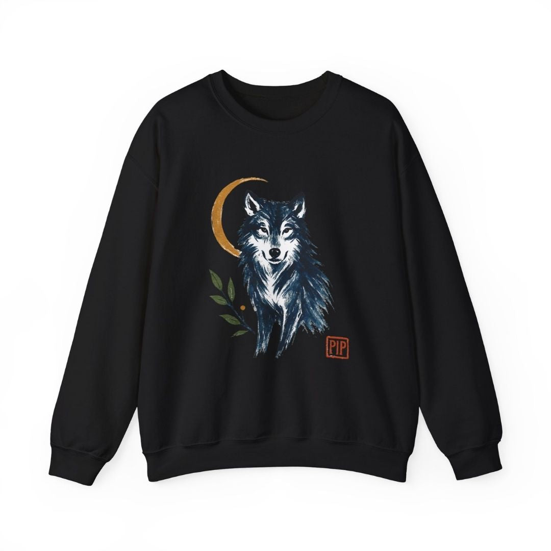 Unisex Gildan 18000 crewneck sweatshirt featuring a mystical wolf design with golden crescent moon and leaf details