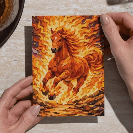Chinese zodiac Fire Horse greeting card with fiery paper art illustration held by hands