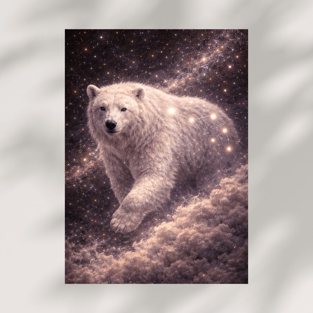 Fantasy polar bear with glowing constellation stars in a cosmic galaxy scene
