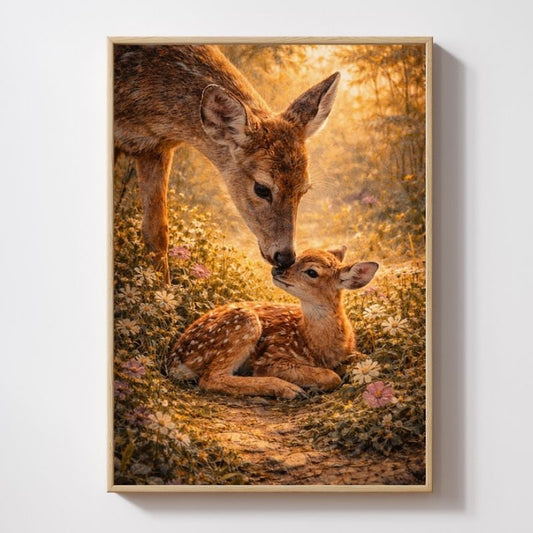 Wildlife wall art featuring mother and baby animals (whale, bear, fox, swans, lions, deer, elephant) illustrated in warm natural tones, designed to bring meaning, calm, and connection into home spaces