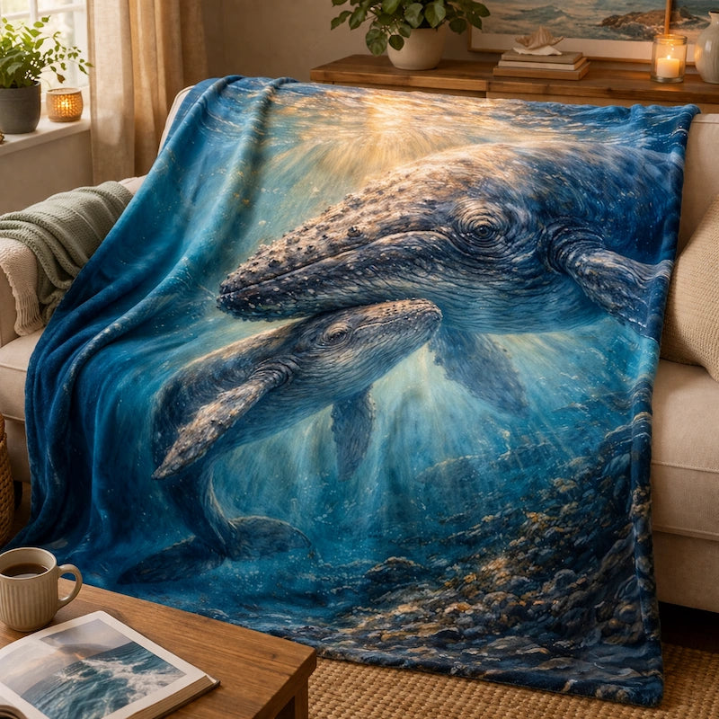 Art blanket with mother and baby whale underwater, ocean-themed decor on living room sofa