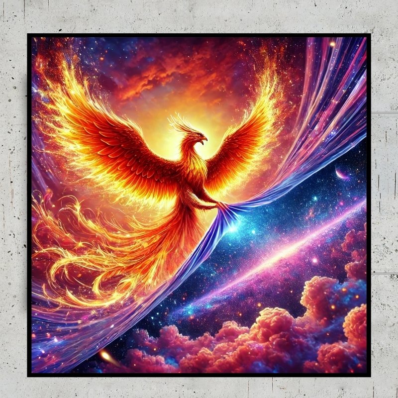 Fiery orange phoenix soaring through the cosmos with wings spread wide, surrounded by galaxies stars