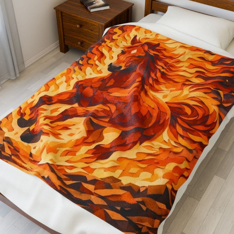 Velveteen plush blanket featuring a stylized fire horse made of layered paper-cut flames in orange and gold tones