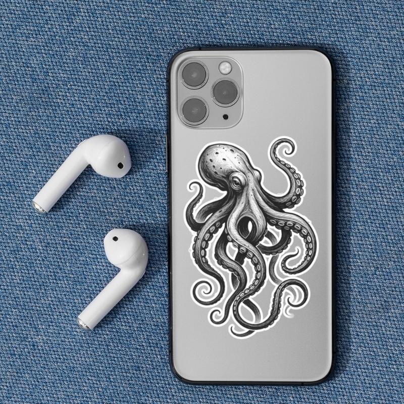 Black and white octopus illustration vinyl sticker with detailed tentacles and fluid linework.