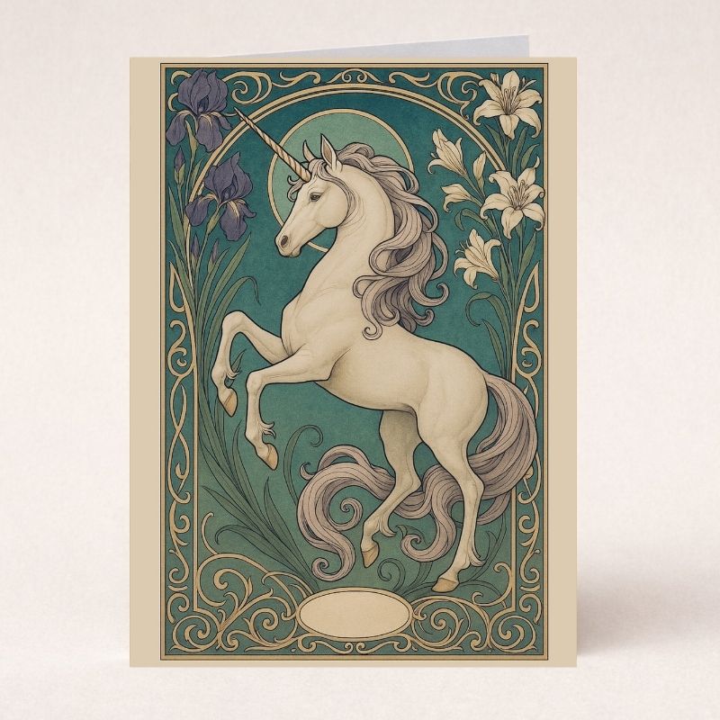 Unicorn Art Nouveau greeting card in soft pastel hues, featuring a mythic unicorn surrounded by floral designs.